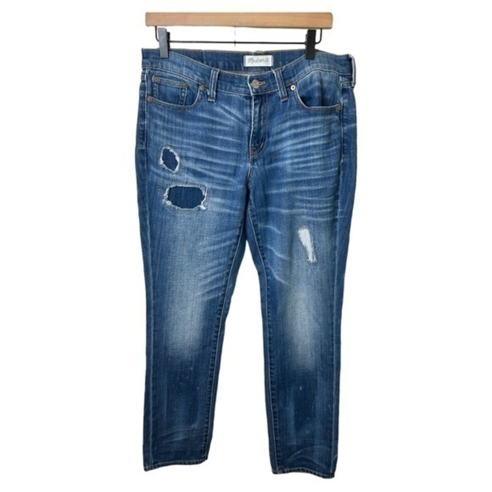 Madewell Jeans Womens 28 Patchwork Slim BoyJean Straight Leg Distressed Dark